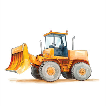 Watercolor Illustration of a Yellow Bulldozer with Large Wheels and a Bucket