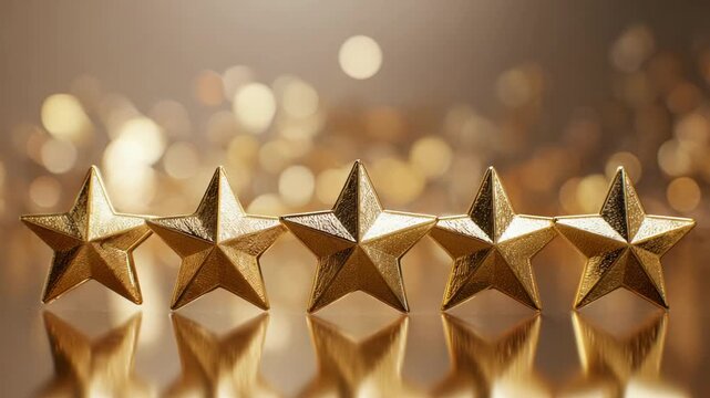 Five Luxury Golden Stars on Reflective Surface with Bokeh Background Premium Quality Rating Excellence Award Concept	
