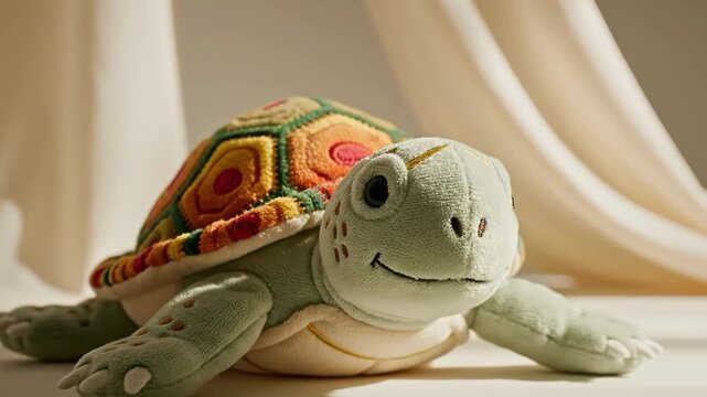 Cute turtle plush toy with colorful shell on white surface