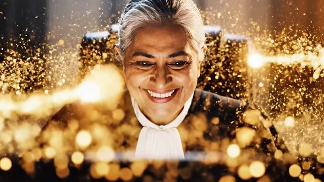Elderly judge in a black robe with a white ruff, smiling and surrounded by golden sparks