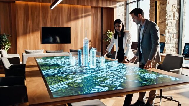 A man in a suit interacts with a large digital city map projected on a conference table, with a woman observing