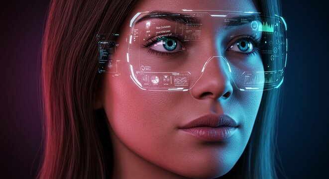 A futuristic woman wearing high-tech virtual reality goggles with a digital interface