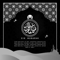 Elegant Black and White Eid Mubarak Greeting Card with Mosque and Crescent Moon.