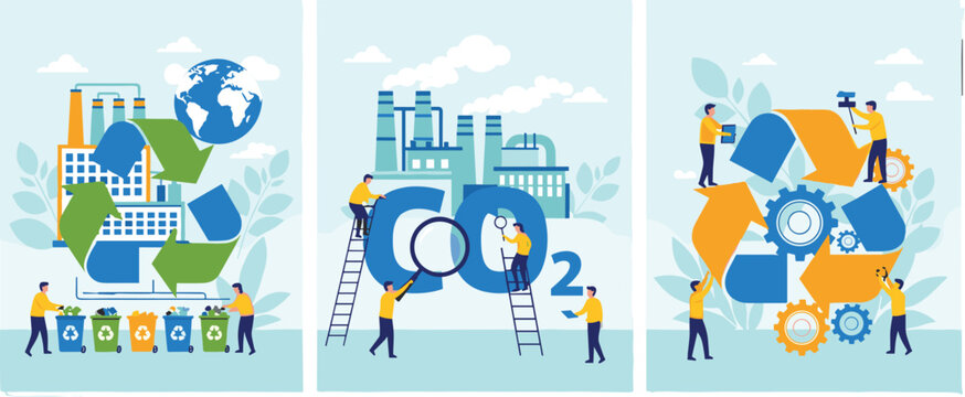 Flat vector illustration set of ecology concepts including factory recycling with green arrows carbon dioxide CO2 emission reduction and sustainable waste management for earth.