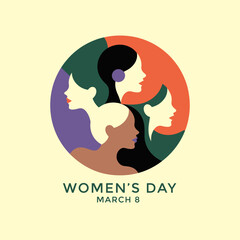 A colorful circular design featuring diverse female profiles celebrating women s day on march 8th