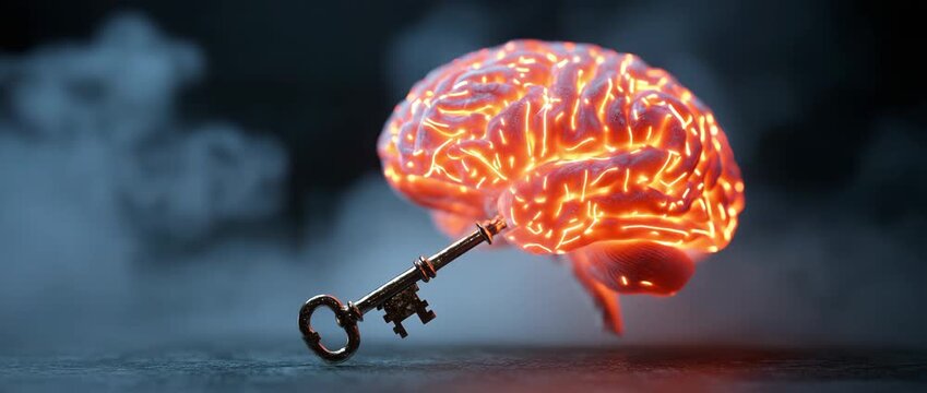 Human brain combined with a golden key, knowledge, intelligence, memory, and the unlocking of the mind&rsquo;s potential.