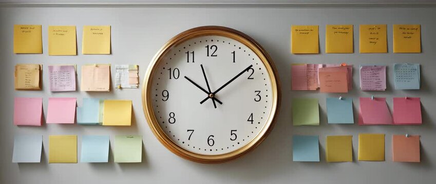 A wall clock centered among numerous colorful sticky notes, time management, productivity, deadlines