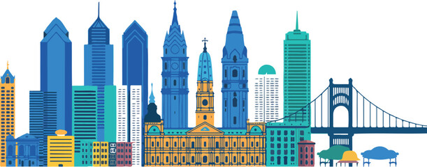 Fototapeta premium Philadelphia Skyline Vector Illustration City Hall, Liberty Place, Comcast Tower