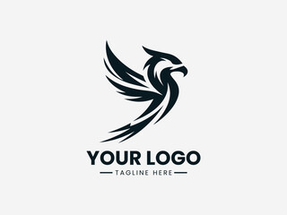 Naklejka premium Black logo of a stylized bird in flight with outstretched wings on a white background with space for custom text.