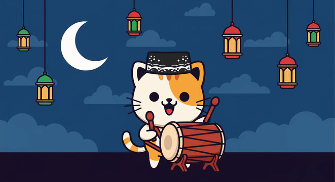 Cute cat wearing peci beating bedug drum Eid al-Fitr vector