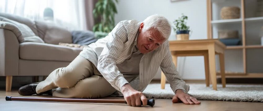 Senior man fallen on living room floor, senior safety, fall risk, home hazards, and the importance of elderly care and emergency preparedness.