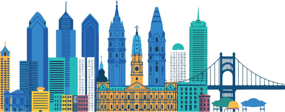 Philadelphia Skyline Vector Illustration City Hall, Liberty Place, Comcast Tower