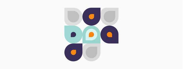 Abstract geometric pattern. Circles, squares, rounded rectangles create playful composition. Muted colors dominate design. Simple, modern aesthetic.