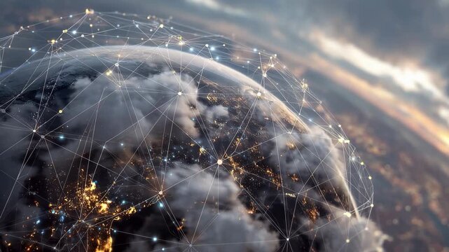 Connecting a global network of devices at dusk, showcasing the Internet of Things with illuminated cities and swirling clouds