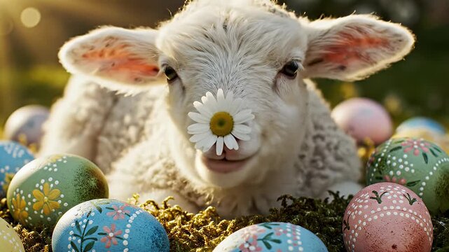 Adorable fluffy white lamb surrounded by vibrantly decorated Easter eggs outdoors in springtime