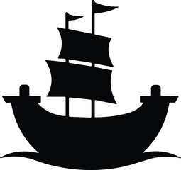 Minimalist black silhouette of classic sailing ship with three sails and flags on ocean waves, symbolizing maritime exploration, adventure, history, and nautical travel themes © sohag babu 