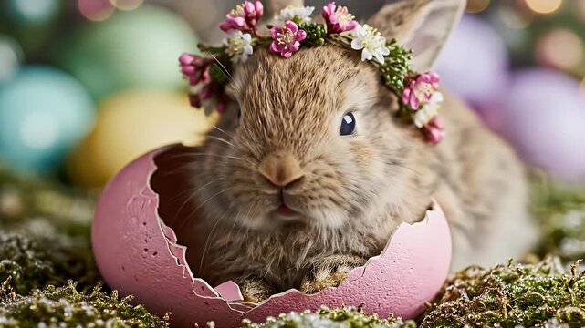 Adorable tiny kitten wearing a delicate flower crown peacefully resting in a broken pink eggshell amidst green moss