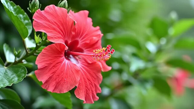 Vibrant red tropical flower with prominent stamen in lush green foliage