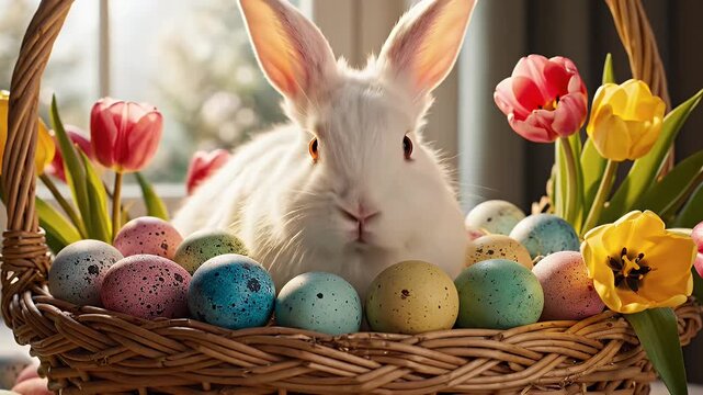 Adorable white rabbit nestled in a wicker basket among pastel Easter eggs and spring flowers