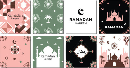Flat vector illustration set of Ramadan Kareem greeting cards including mosque silhouettes crescent moon stars palm trees and geometric patterns for Islamic holy month. © Aminul