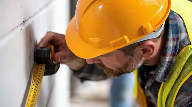 Construction worker carefully measures a white wall in a new building during the day with attention to detail for precise measurements and planning