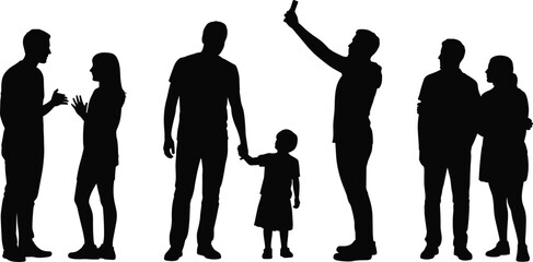 Black silhouettes of diverse everyday people interacting together including family with child and person taking selfie on isolated white background