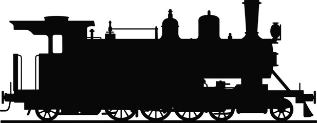 Black silhouette of a vintage steam locomotive, retro railway train engine vector illustration, classic industrial transportation isolated on white background. © Creative Art