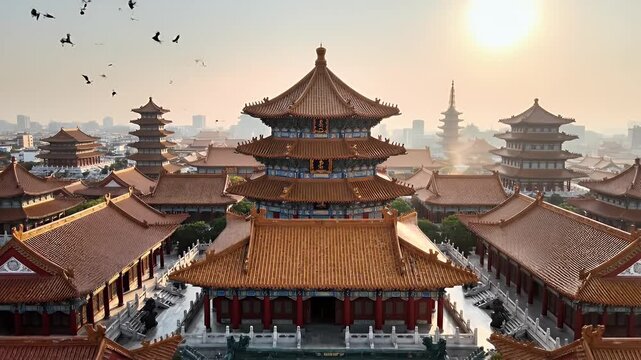 Aerial view of ancient Chinese pagoda temples bathed in sunrise light