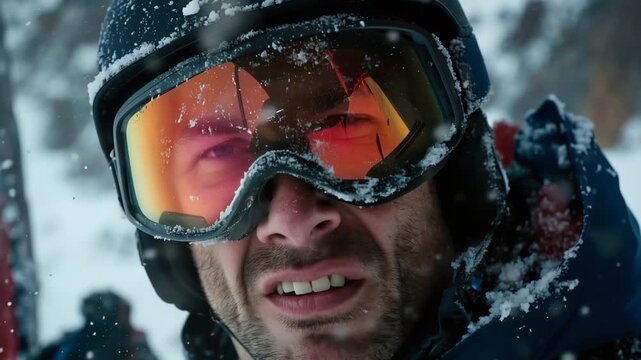 Man with ski goggles and helmet rides through a snowy mountain landscape during a winter sports adventure, showcasing determination and focus in challenging weather conditions