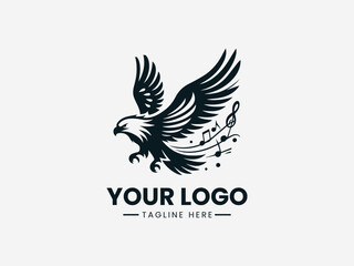 Fototapeta premium Black eagle logo with outstretched wings and musical notes on a white background with space for custom text.