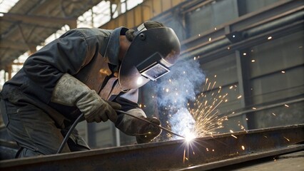 Industrial Worker Welding Metal Wearing Protective Helmet in Workshop