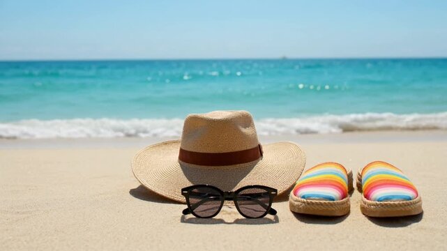 Summer Beach Vacation Essentials on Sandy Shoreline