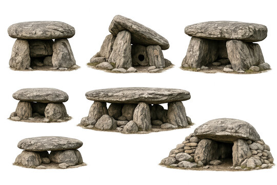 Dolmens and portal tombs collection, ancient megalithic stone structures from the neolithic period with transparent background