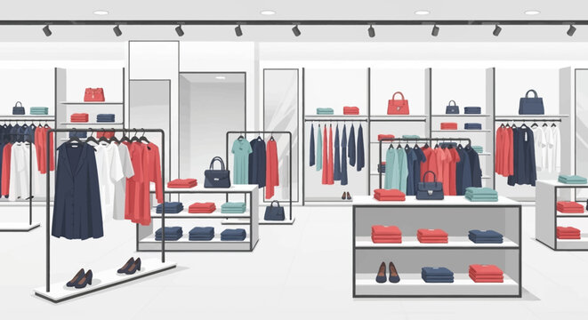 A modern clothing store interior with garment racks display shelves clean floor bright lighting organized layout minimal vector illustration flat design uncluttered composition