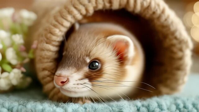 Cute Baby Ferret Peeking from Cozy Knitted Blanket in Warm Bokeh Light