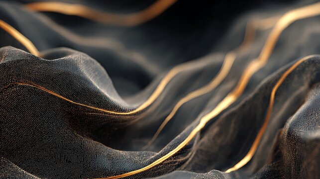 Artistic closeup of undulating dark fabric with shimmering golden veins winding across the surface