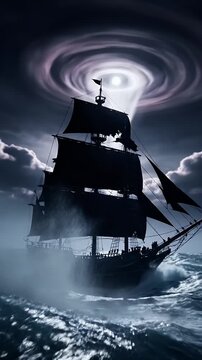 Ancient Full-Rigged Ship Traversing a Turbulent Night Ocean Beneath a Mysterious Spiraling Light
