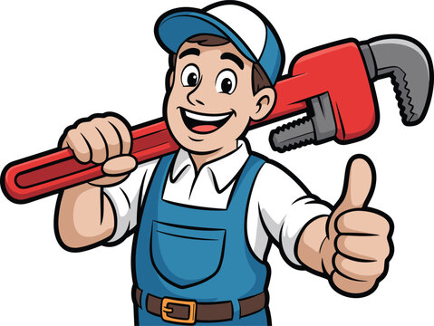 Cartoon plumber character illustration, professional tradesperson artwork, handyman mascot design, plumbing service concept, cheerful worker with wrench, thumbs‑up pose