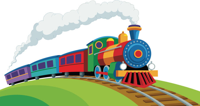 Colorful, cartoon, steam, train, locomotive, traveling, on, railway, tracks, over, green, hills, puffing, white, smoke, cute, toy, transportation, vector, illustration
