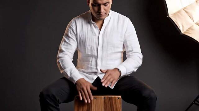 Portrait of Musician in Studio with White Shirt Playing Cajon Drum on Gray Background