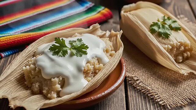 Steamed corn dough parcels with cream and herb garnish served on rustic wood