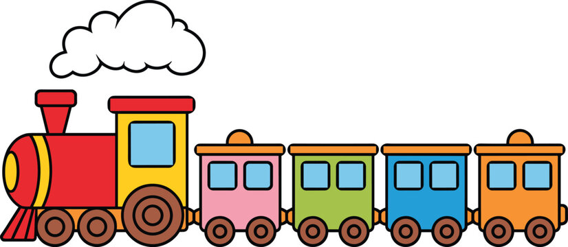 Cute colorful cartoon toy steam train locomotive with red engine puffing white smoke pulling pink green blue orange passenger cars