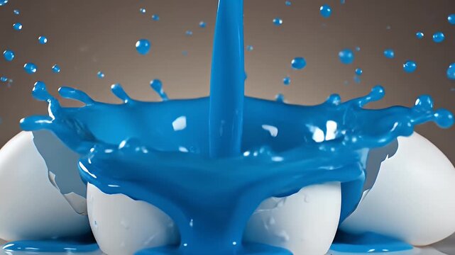 Blue liquid pouring into a circle of broken eggshells arranged on a neutral background