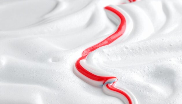 Toothpaste Trail in Foamy Cream: A close-up reveals a vibrant red-and-white toothpaste trail gracefully meandering through a sea of frothy, foamy cream, symbolizing freshness, cleanliness.