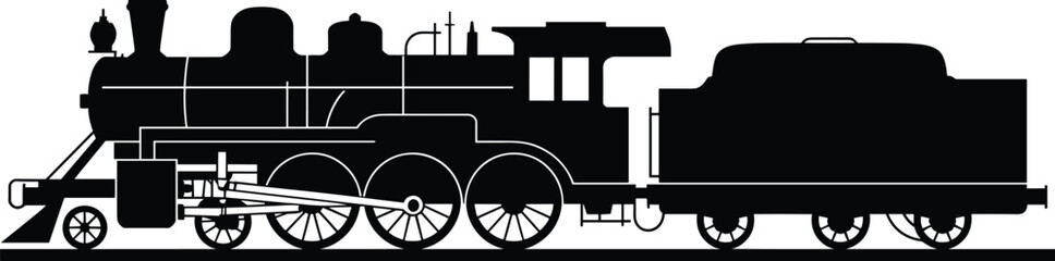 Silhouette of an old vintage steam locomotive train with tender, black and white vector illustration, side view profile, isolated background. © Creative Art