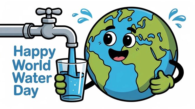 world water day - Happy globle world character hold a glass to receive water from the faucet vector design