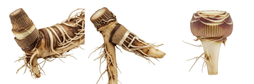 Set of botanical illustrations showing plant roots and rhizomes with fibrous textures isolated on white