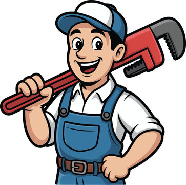 Smiling cartoon plumber mascot wearing blue overalls and a cap, holding a large red pipe wrench, isolated on white background.