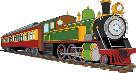 Vintage steam locomotive with ornate detailing, classic railway transport illustration, antique passenger train design, retro engineering artwork, historical rail journey concept © Creative Art