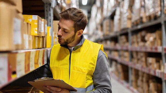 Man in yellow vest inspects shipment box while taking notes in a busy warehouse during daytime